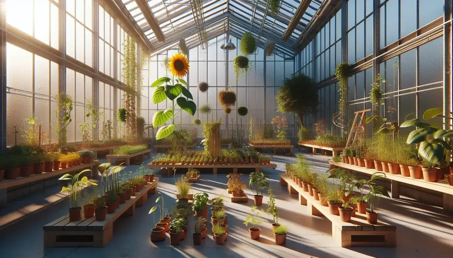 Sunlit greenhouse with diverse plants showing phototropism, a sunflower facing the sun, and a climbing plant exhibiting thigmotropism on a trellis.