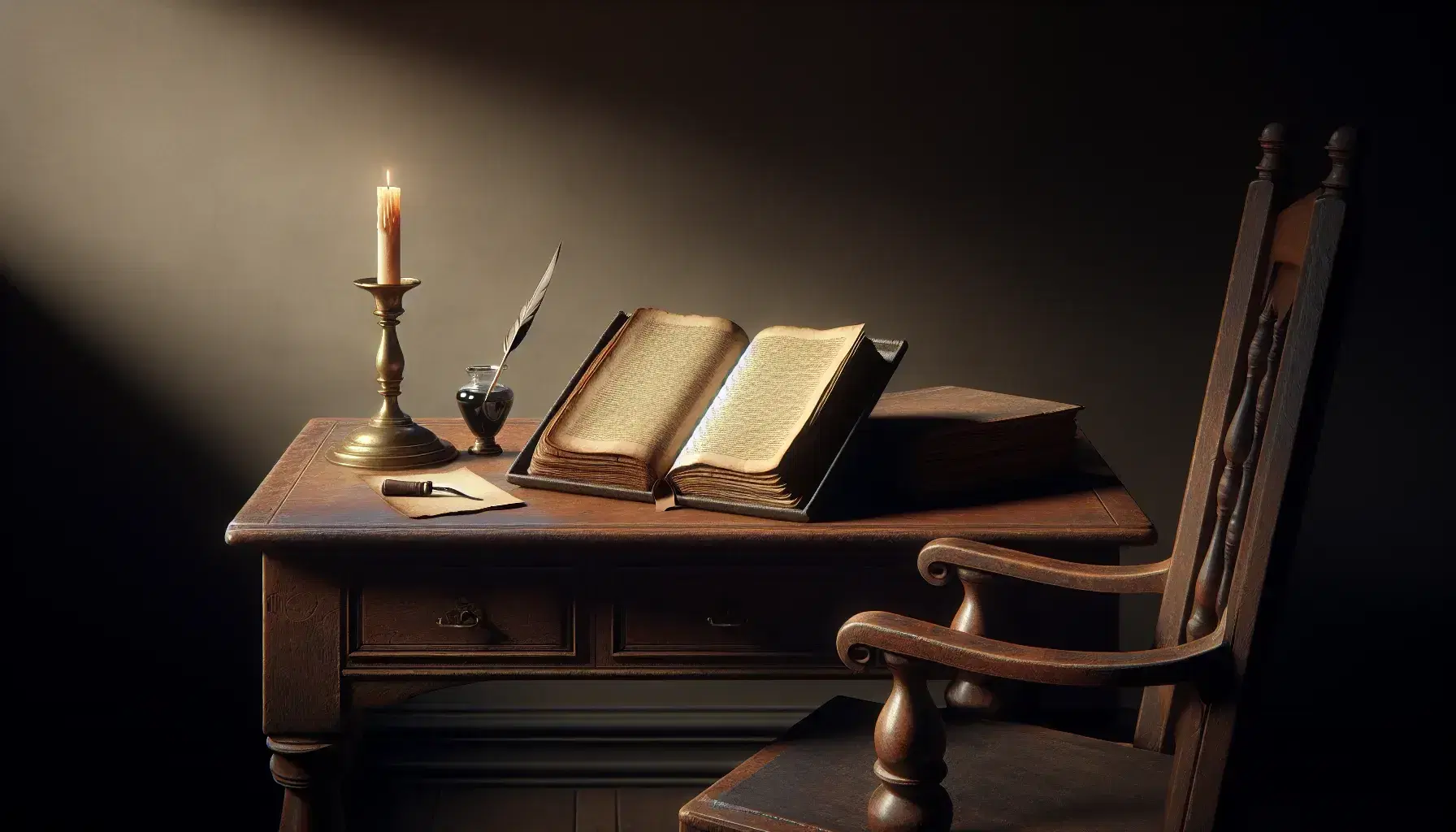Antique leather-bound book open on a wooden desk with a quill in an inkwell and an unlit candle in a brass holder, beside an empty wooden chair.