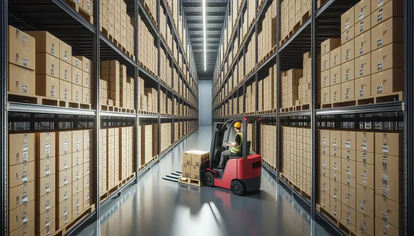 Organized warehouse with shelving units stocked with boxes, a male worker operating a forklift, and a female worker inspecting inventory.
