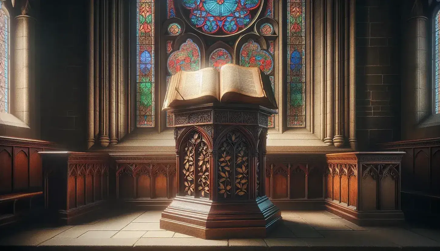 Elegant wooden pulpit with leaf carvings and open antique book, beside a simple bench, set against a vibrant stained glass window in a serene setting.