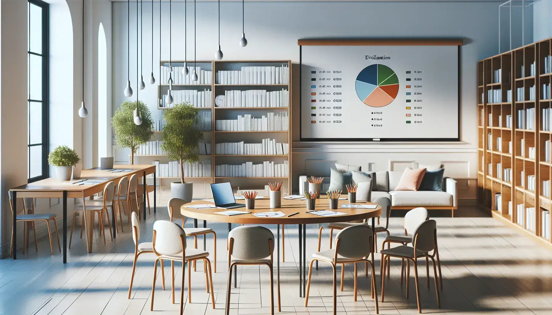 Aula escolar luminosa con mesa redonda, sillas, útiles de evaluación, pizarra con gráfico circular y estantes con libros.