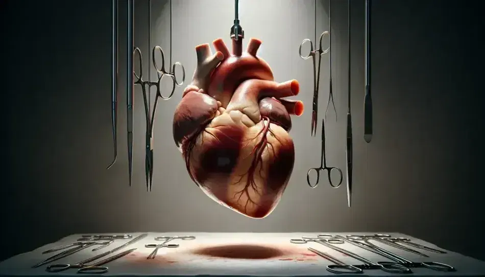 Cuore umano reale sospeso con arterie coronarie visibili, attrezzi chirurgici intorno, in ambiente medico asettico e illuminato.