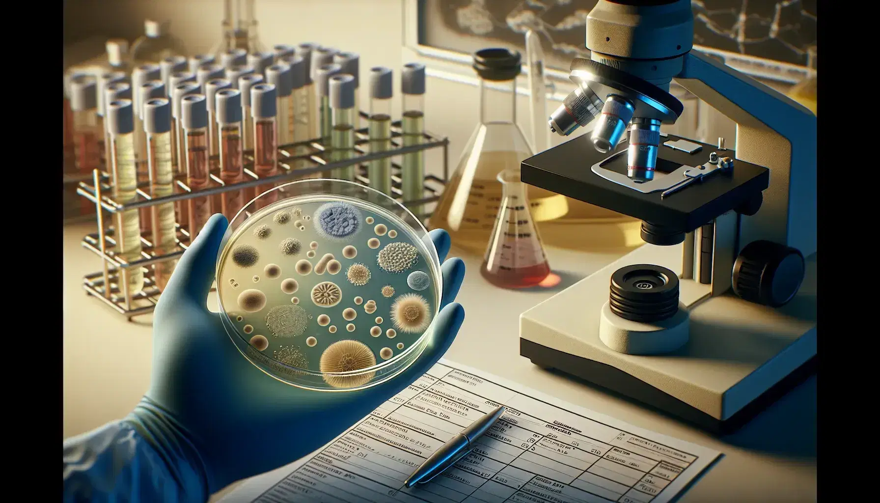Mano con guante de látex azul sostiene placa de Petri con colonias bacterianas en medio de agar, fondo desenfocado con microscopio y tubos de ensayo.