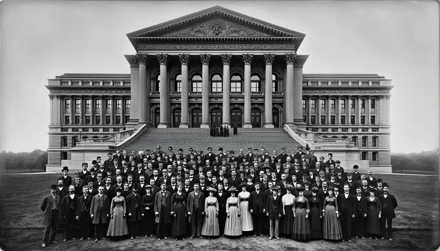 Group of early 1900s individuals in period attire posing before a neoclassical building with tall columns and wide stairs.