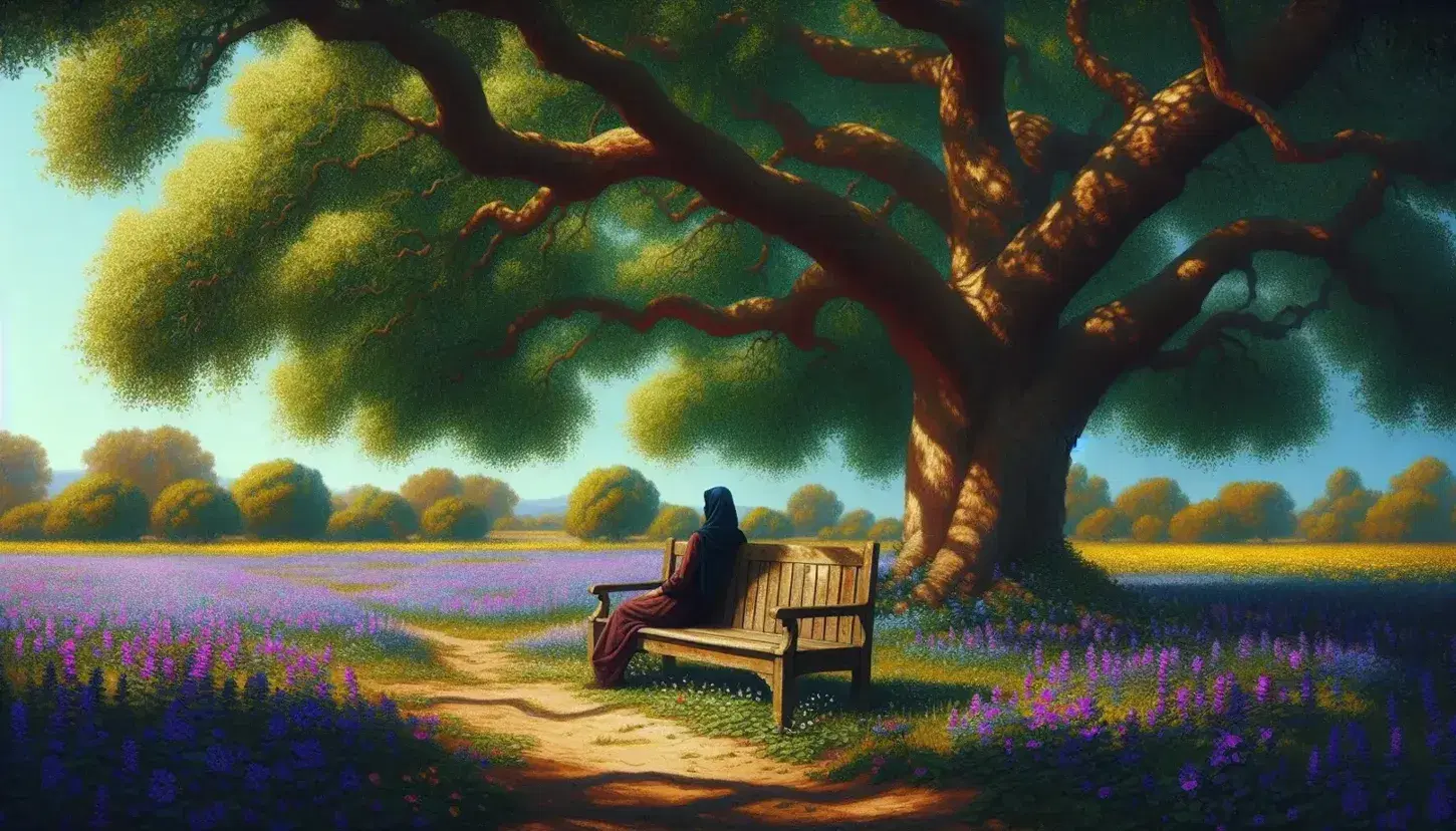 Serene outdoor scene with a weathered wooden bench under a leafy tree, a field of purple and yellow wildflowers, and a reflective Middle-eastern woman seated beside.