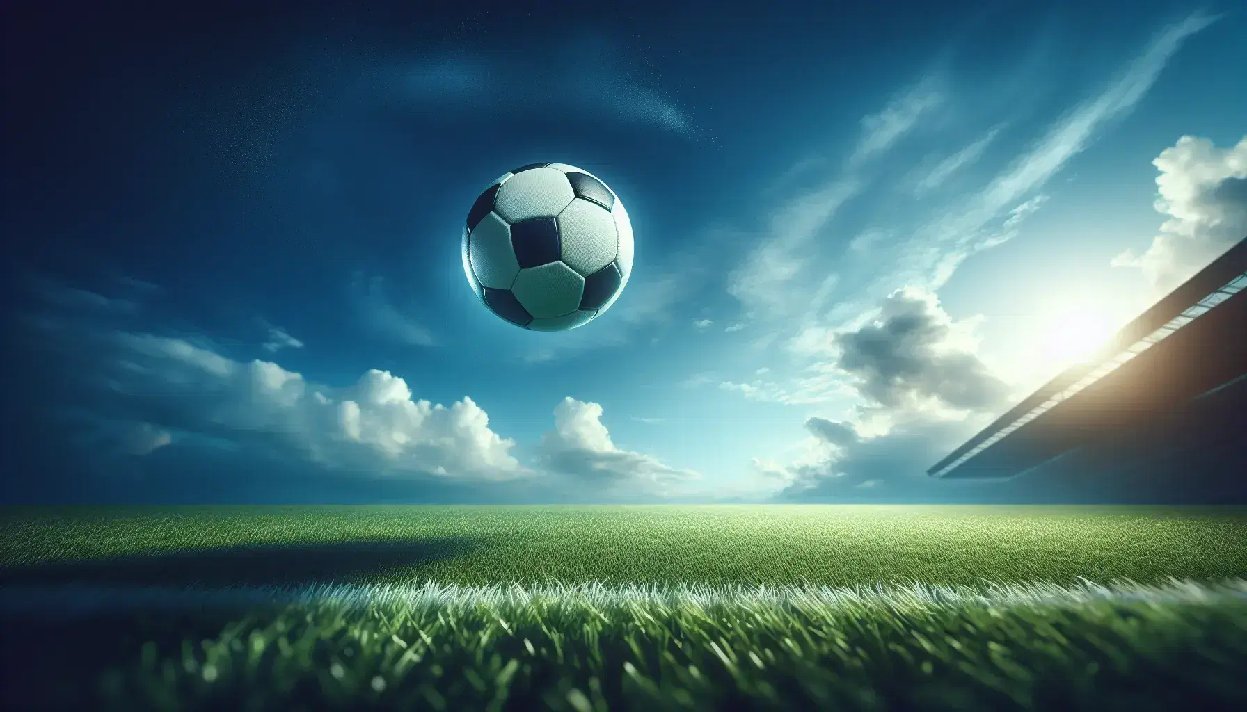 Pallone da calcio in volo su sfondo di cielo azzurro con campo da gioco in erba verde in basso a destra, illuminazione naturale.