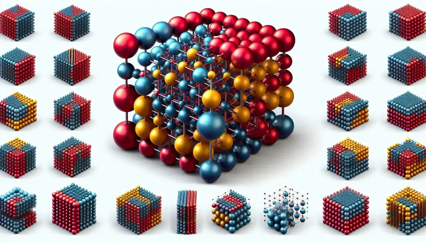 Estructura tridimensional de esferas en colores rojo, azul y amarillo en disposición cristalina, con agregados metálicos grises y conexiones variopintas.