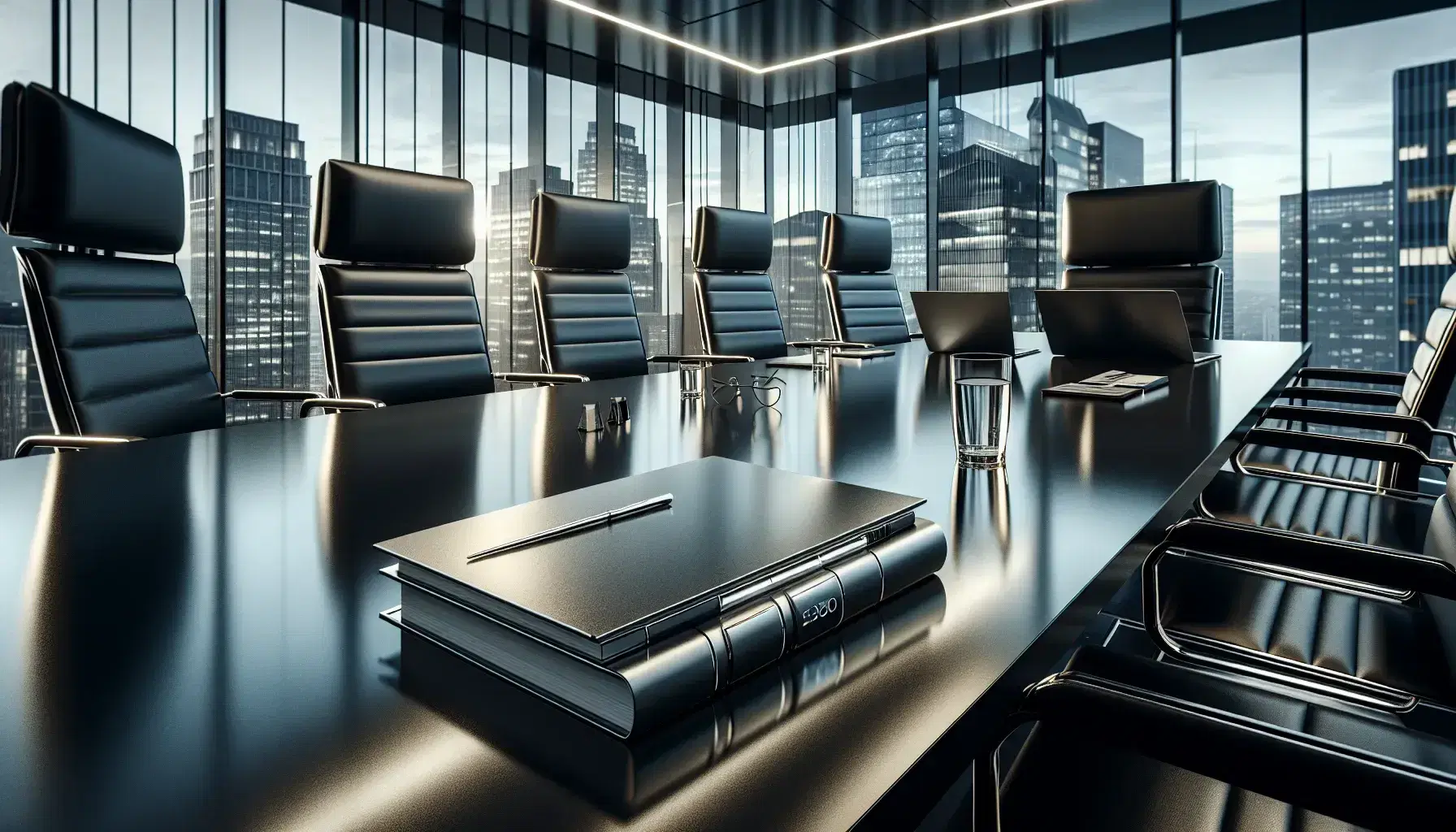 Modern corporate office with a reflective dark wood conference table, black leather chairs, a laptop, bound reports, and a glass of water, against a cityscape backdrop.