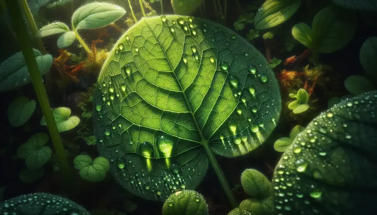 Hoja verde brillante con gotas de rocío reflejando la luz, mostrando texturas y venas en un fondo desenfocado de tonos verdes y marrones.