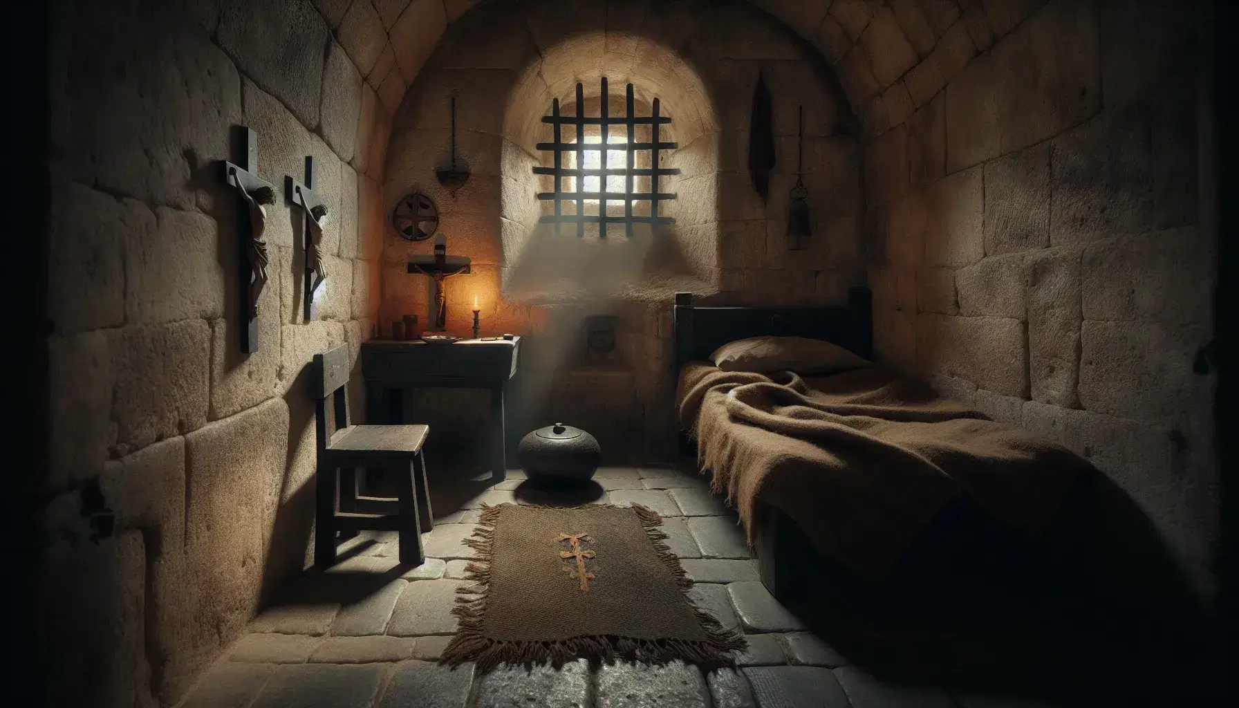 Cella monastica antica con letto in legno, coperta di lana, sgabello, crocifisso, libro antico e altare con candela.