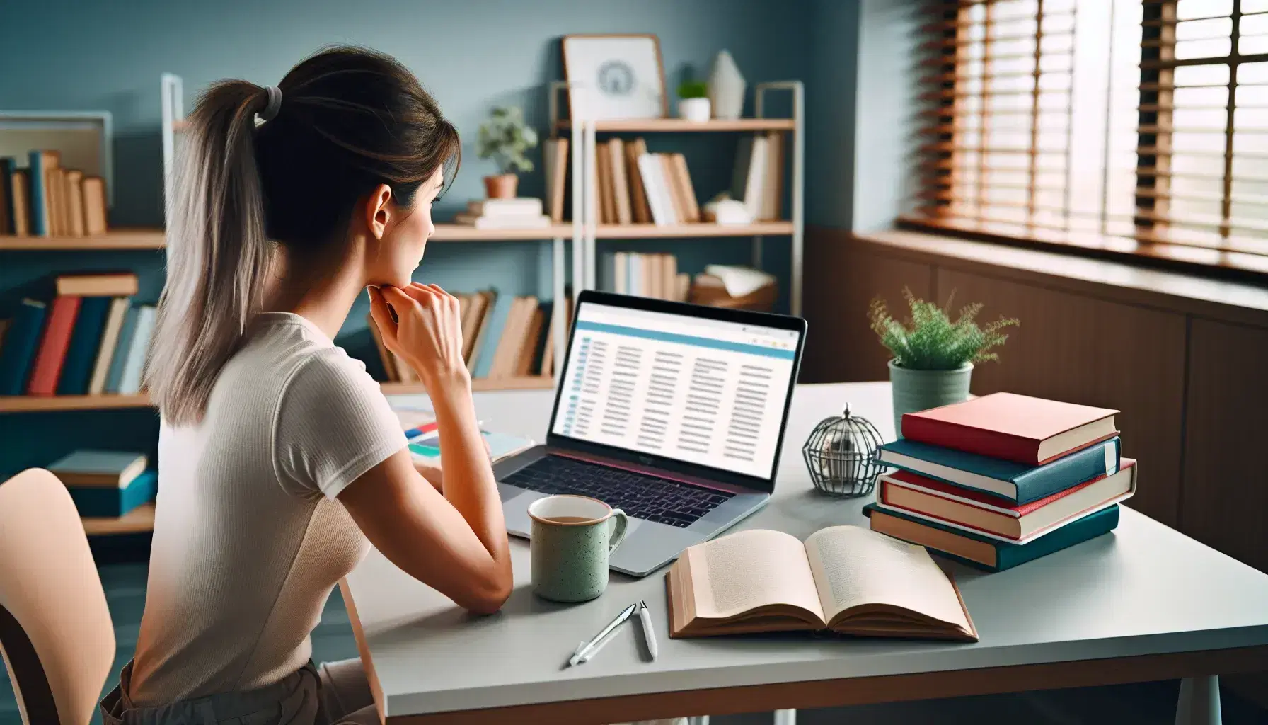 Estudiante reflexiva con coleta tomando un descanso con café, sentada ante portátil y rodeada de libros y planta, en un espacio de estudio iluminado naturalmente.
