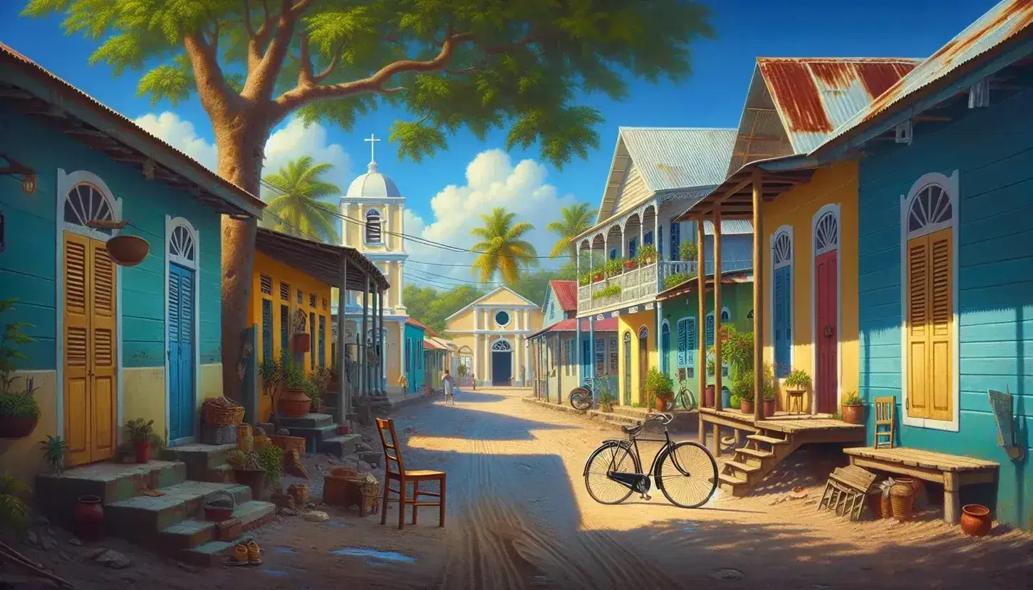 Pueblo costero caribeño con casas coloridas, una bicicleta apoyada en un árbol y una iglesia al fondo bajo un cielo azul con nubes dispersas.