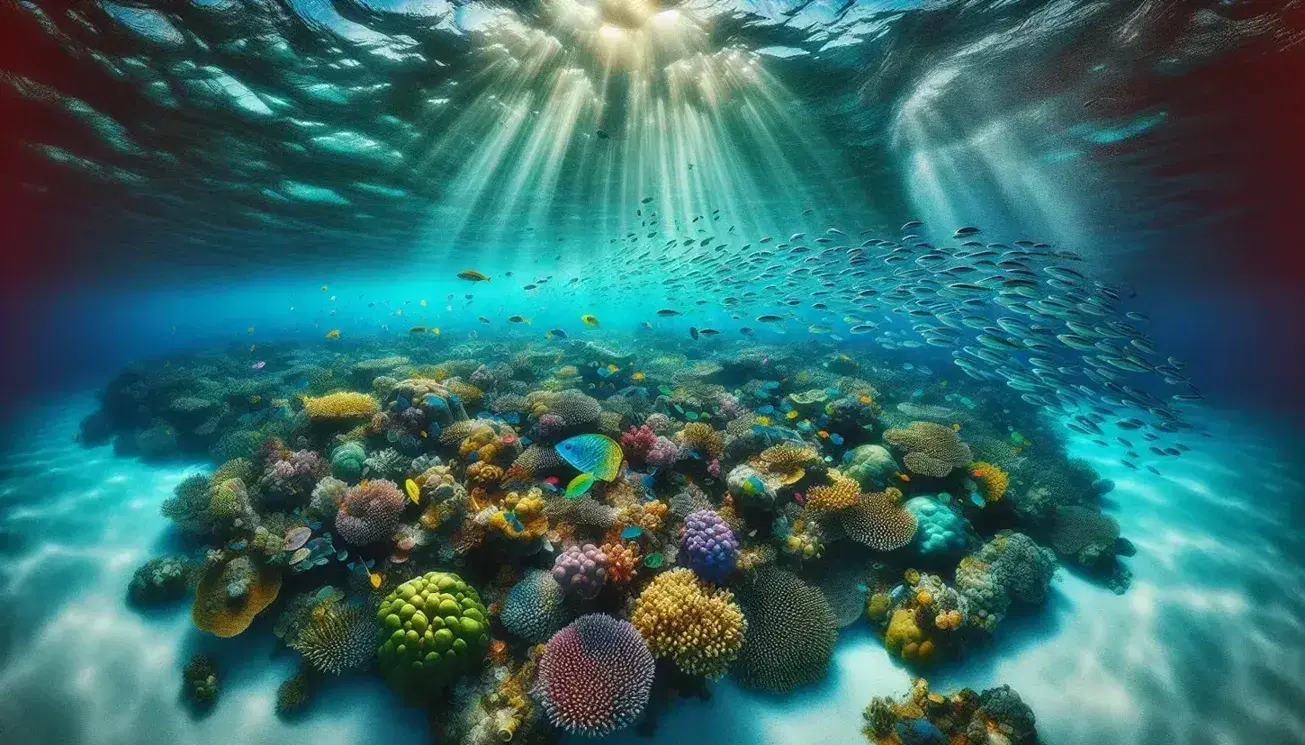 Underwater scene in the Indian Ocean with colorful coral reef, tropical fish and sunbeams filtering through the turquoise water.
