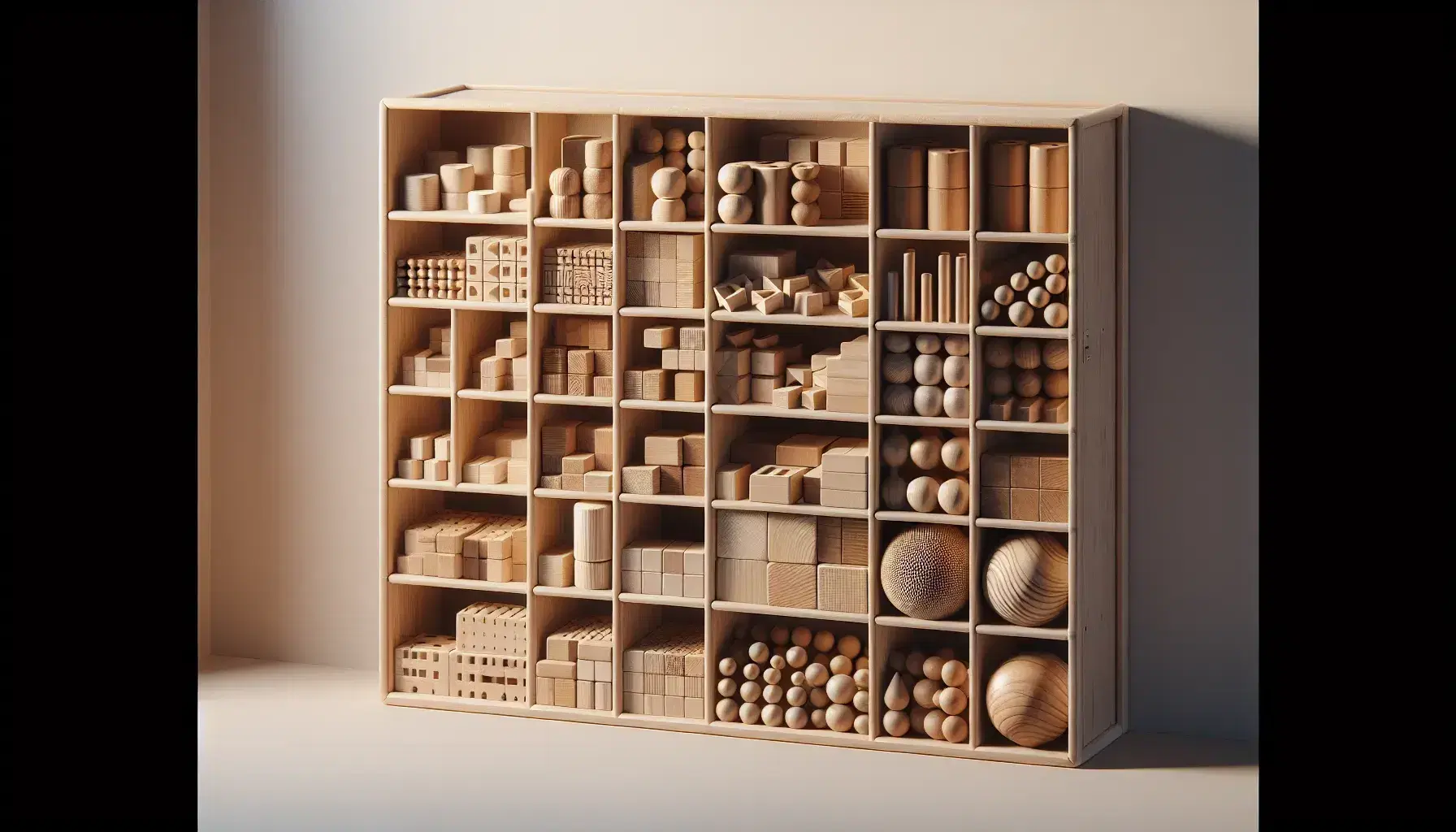 Estante de madera con bloques de construcción de diferentes formas y tamaños, organizados por tipo, en tonos naturales de marrón y beige, bajo una luz suave.