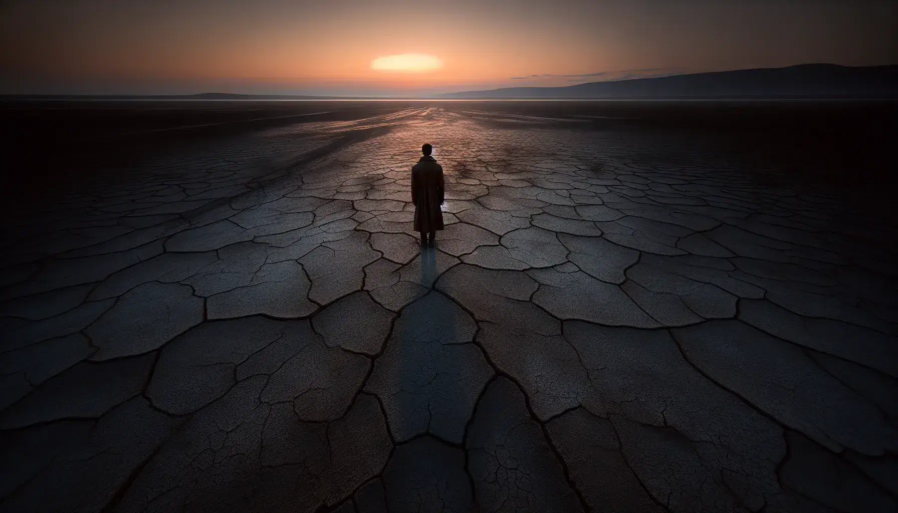Twilight over a barren landscape with cracked earth and a lone figure in a long coat, under a gradient sky transitioning from orange to blue.