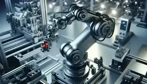Braccio robotico industriale grigio metallico con cavi neri e pinza di precisione che afferra una sfera rossa, su sfondo di macchinari.