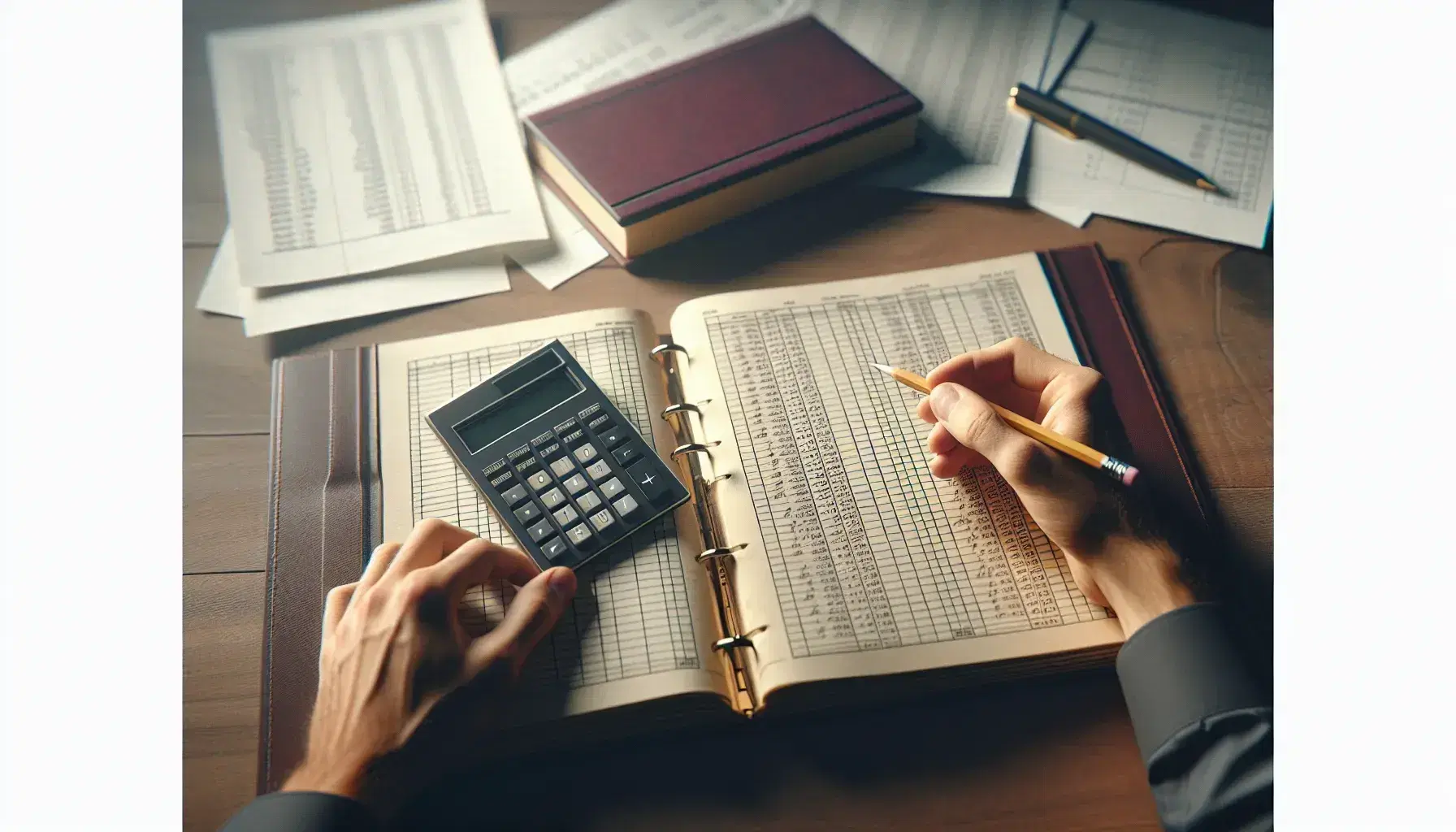 Close-up view of hands with a pencil and ledger book on a mahogany desk, beside a calculator and blurred financial papers, in a warmly lit office setting.