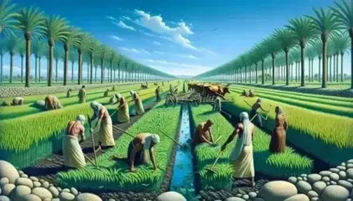 Ancient Egyptian agricultural field with workers in linen clothes growing wheat, oxen at work, date palms and water canal.