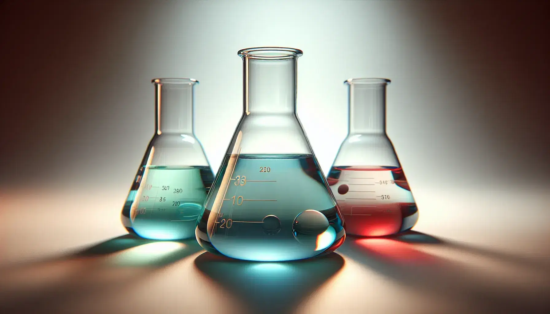 Tres matraces Erlenmeyer en fila sobre superficie lisa con líquidos translúcidos en tonos azul claro, verde y rojo, reflejando la luz.