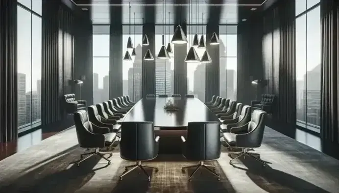 Sala riunioni vuota con tavolo ovale in legno scuro, sedie in pelle nera e finestre panoramiche su città non identificata.