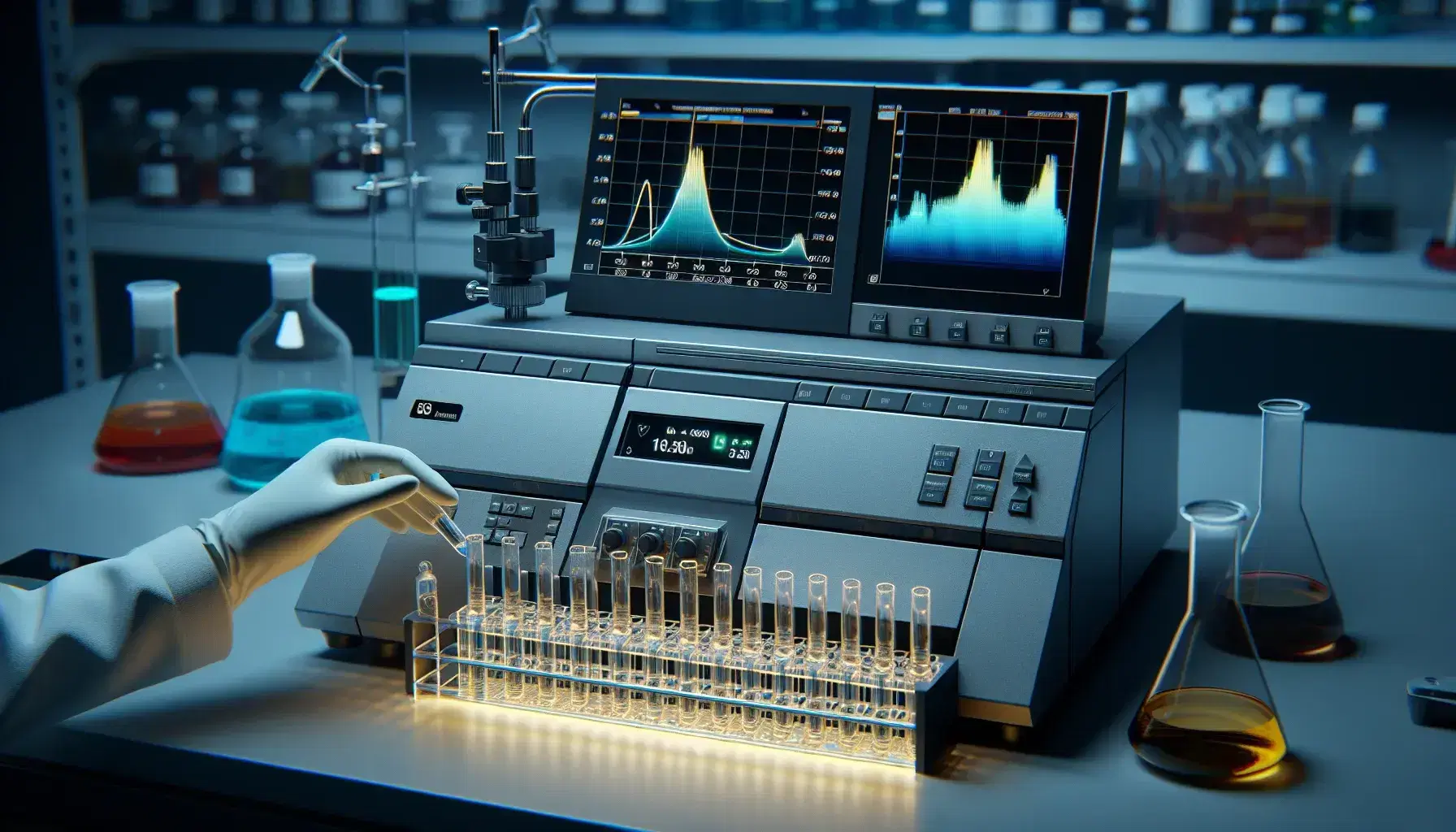 Espectrofotómetro de doble haz en funcionamiento en laboratorio con pantalla mostrando curva de absorción y cuvetas de cuarzo con líquidos de distintos tonos.