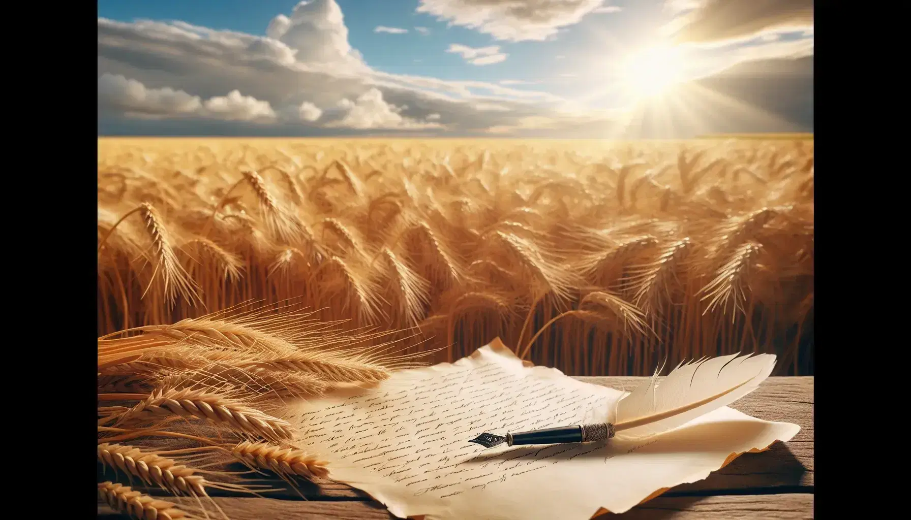 Campo di grano dorato sotto cielo azzurro con penna d'oca su foglio bianco su tavolo rustico in legno, illuminato dal sole.