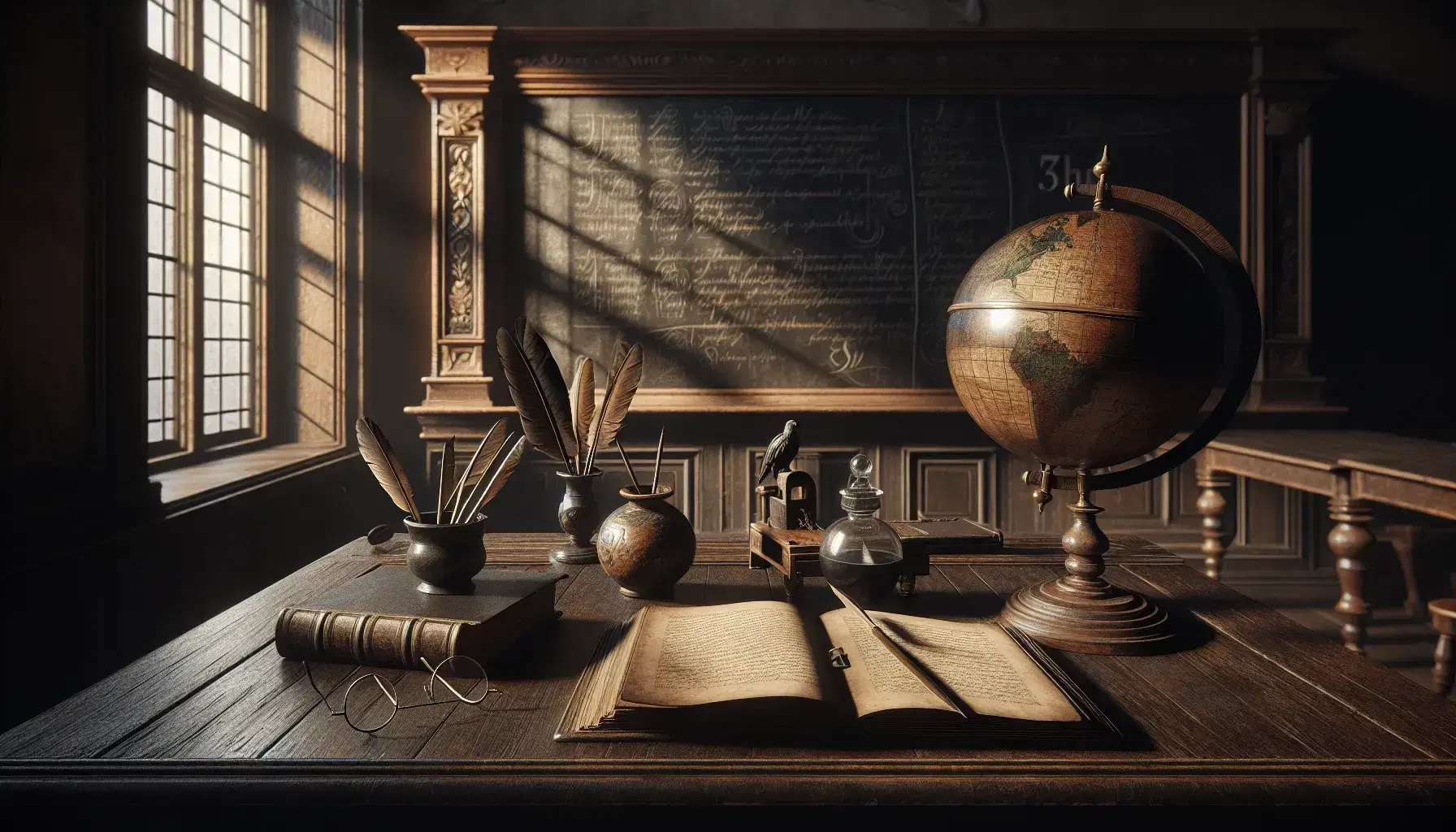 Escena de aula antigua con mesa de madera oscura, libro abierto, gafas, pluma y tintero, globo terráqueo y pizarra negra vacía, bajo luz suave que crea sombras.