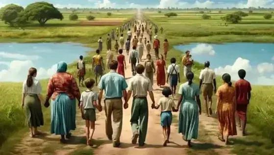 Gruppo multietnico cammina su sentiero in paesaggio verde con cielo azzurro, famiglia in primo piano e albero solitario.