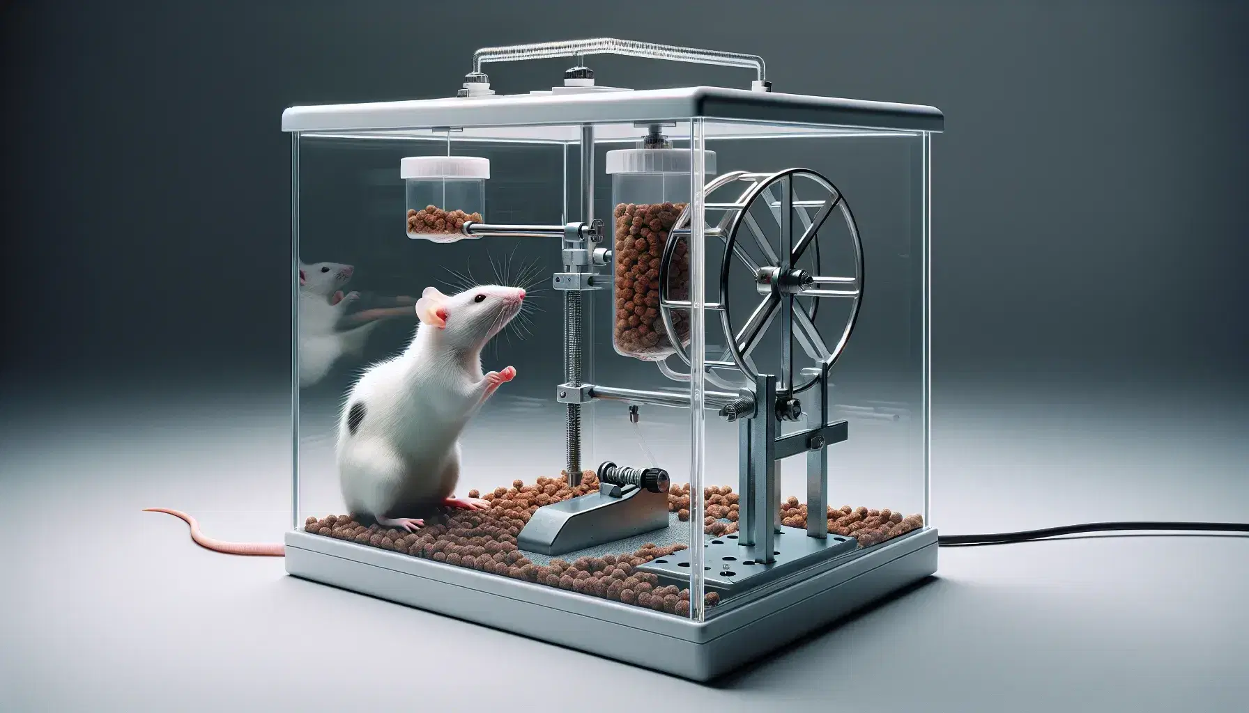 Rata de laboratorio blanca con manchas negras en caja de Skinner transparente, apunto de presionar palanca cerca de dispensador de comida.