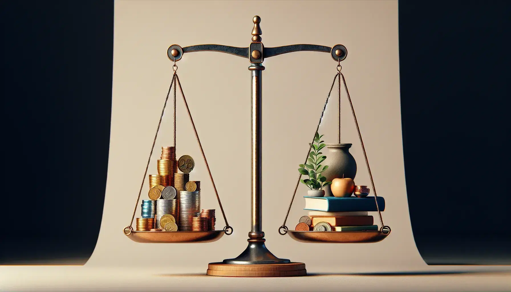 Balanced scale with equal weights of coins on left pan and an apple, plant, book, and glass of water on the right against a light background.