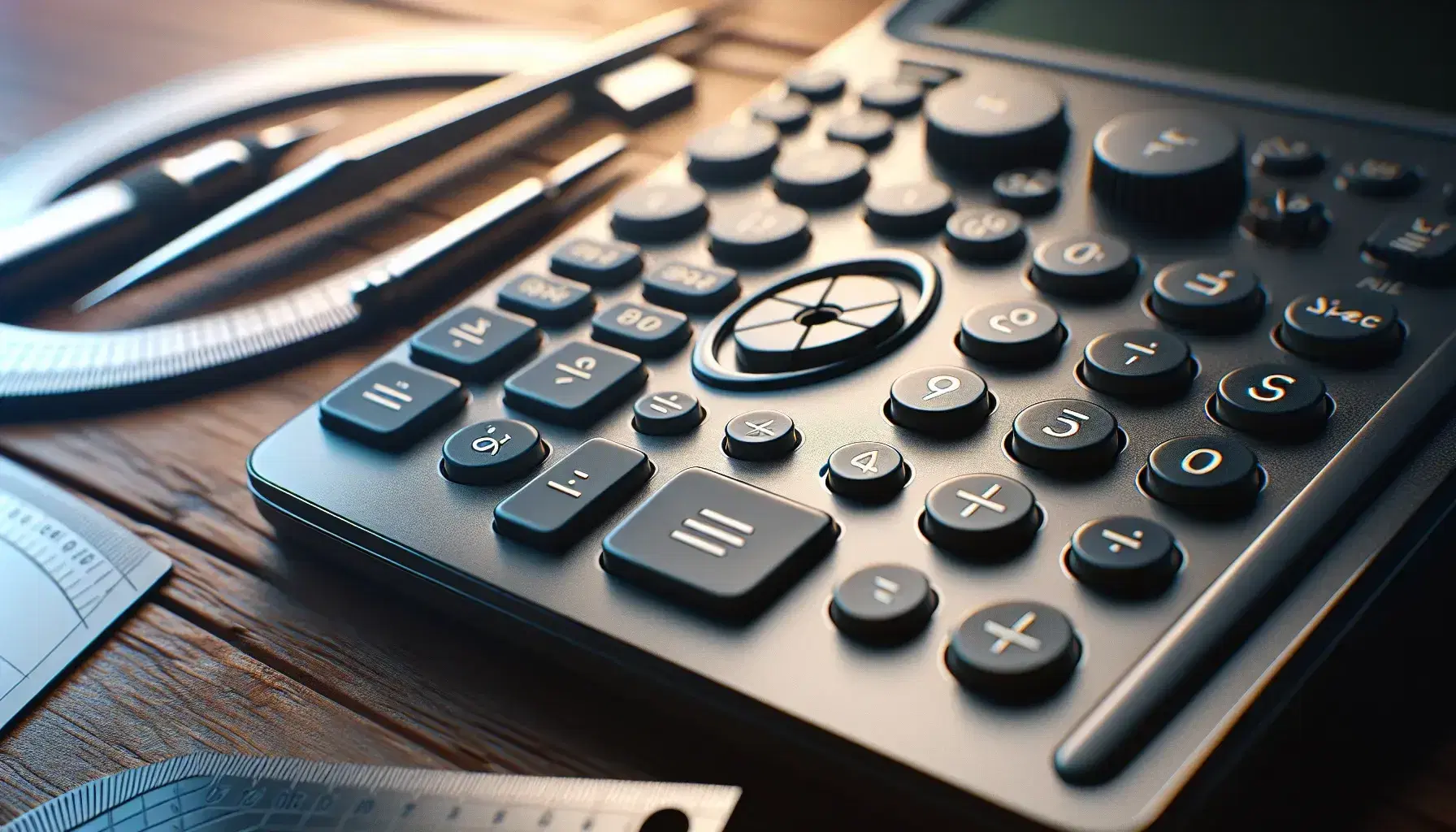 Close-up view of a scientific calculator's trigonometric function buttons, with a blank screen, alongside mathematical tools on a wooden desk.