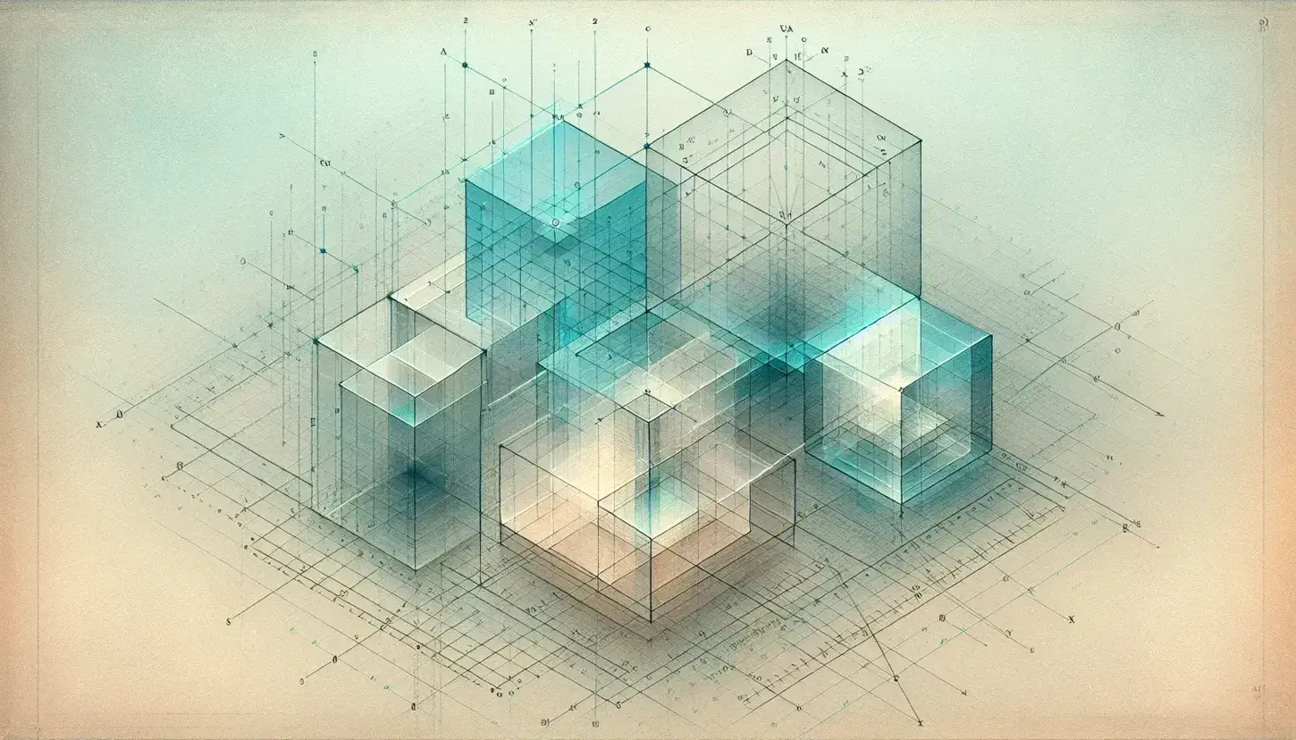 Linee quadrate trasparenti su piano cartesiano sfumato con triangolo equilatero in basso a destra, senza marcature sugli assi.
