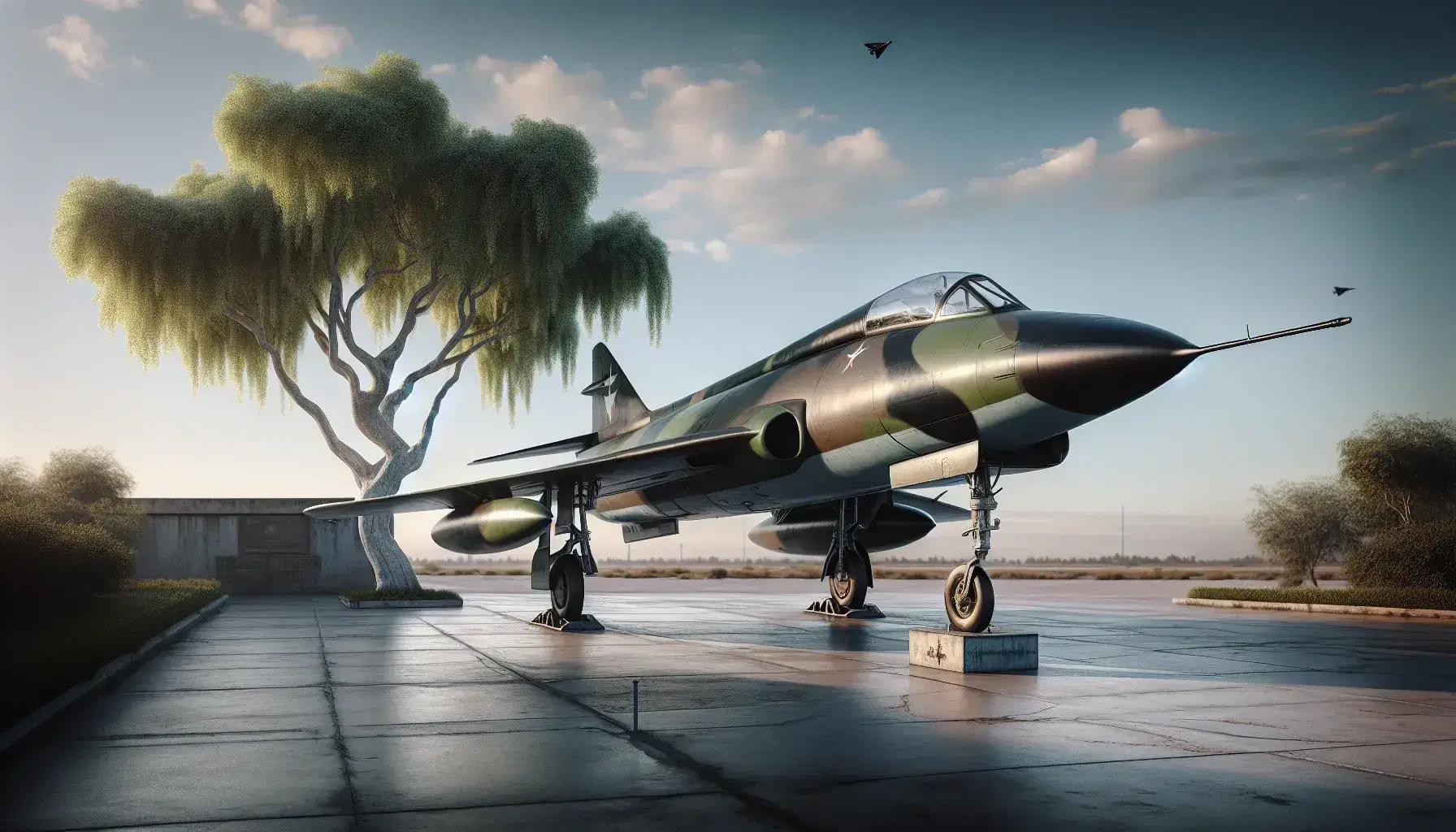 Vintage military jet with olive green camouflage on display under a pastel blue sky, concrete base, and a small tree nearby.