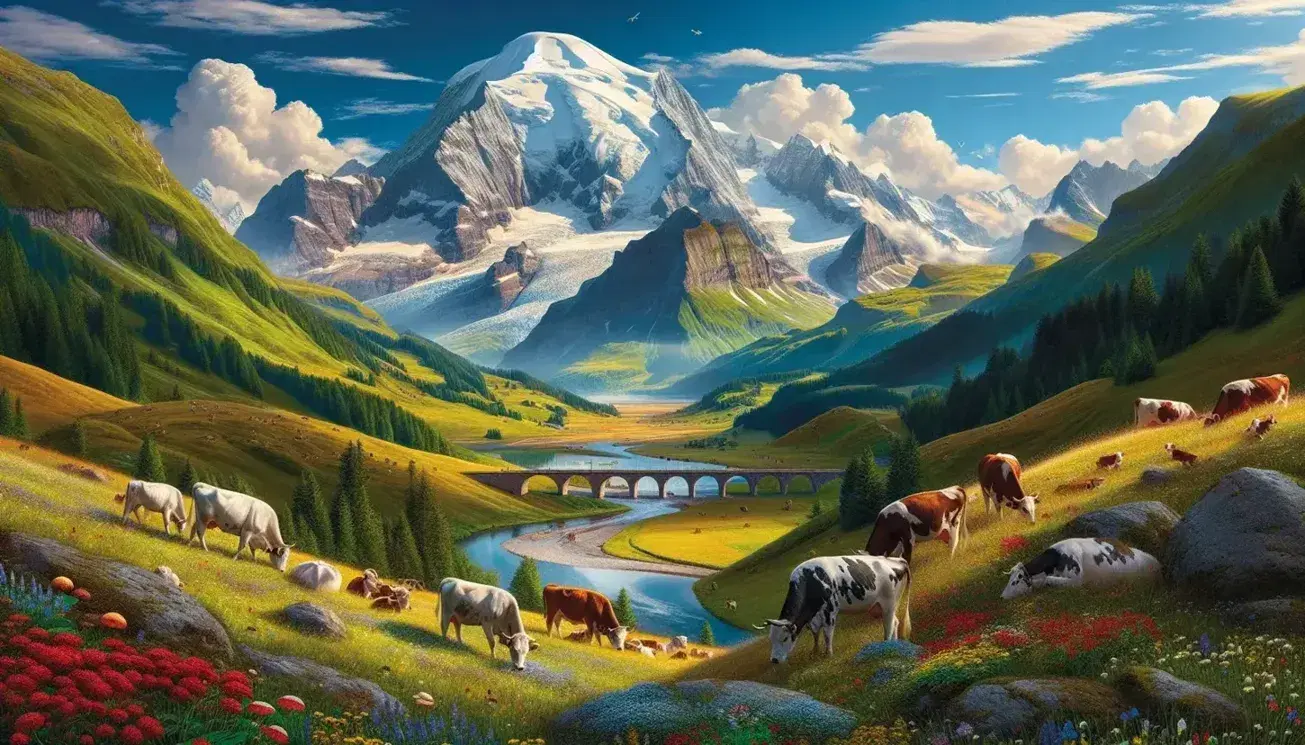 Paesaggio alpino estivo con montagna innevata, prati verdi, fiori selvatici, mucche al pascolo, fiume e ponte di pietra sotto cielo azzurro.