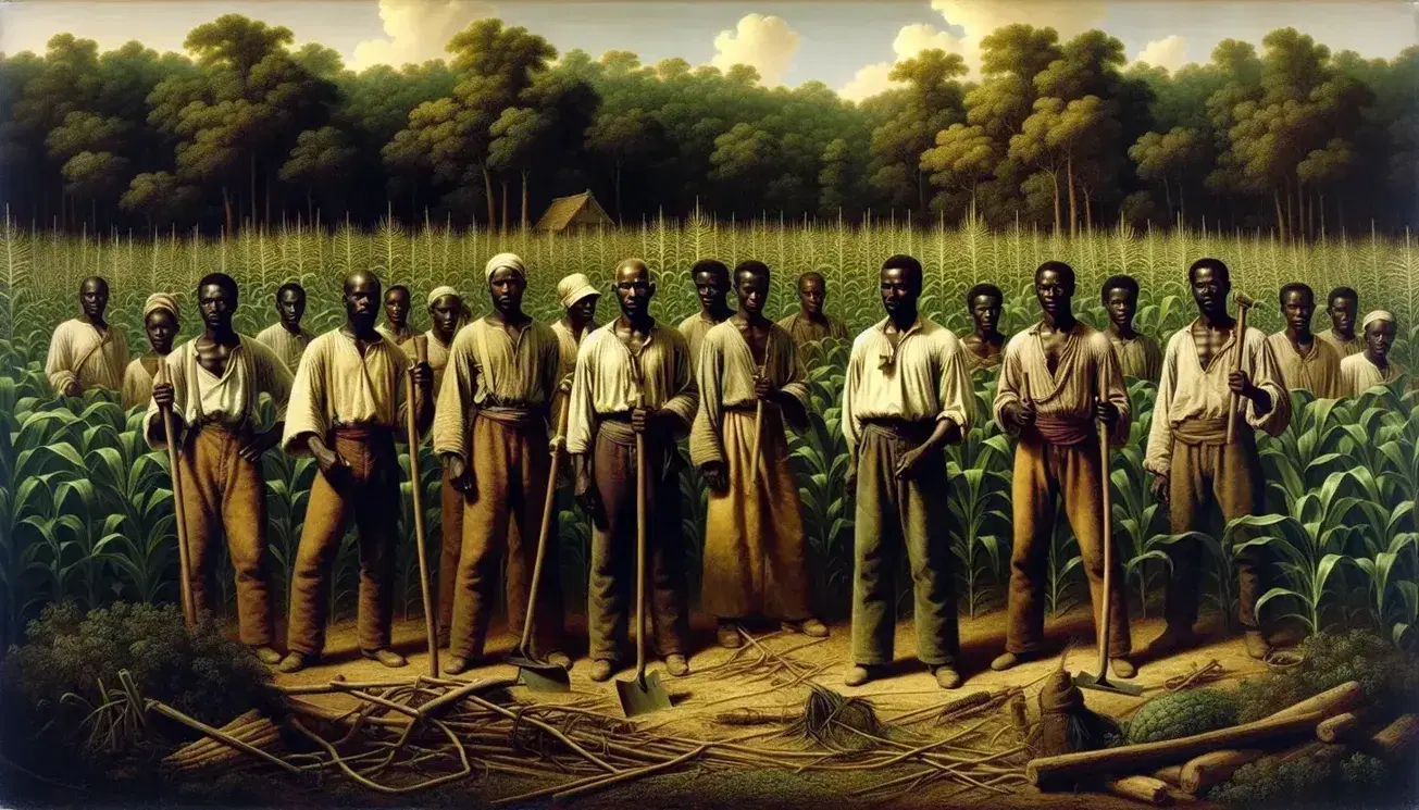 African American men with hoes and axes stand amid waist-high crops in a colonial-era field, exuding unity and determination under a clear blue sky.