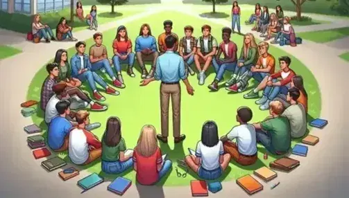 Grupo diverso de adolescentes sentados en semicírculo al aire libre con un adulto de pie facilitando una discusión, rodeados de árboles y cielo despejado.