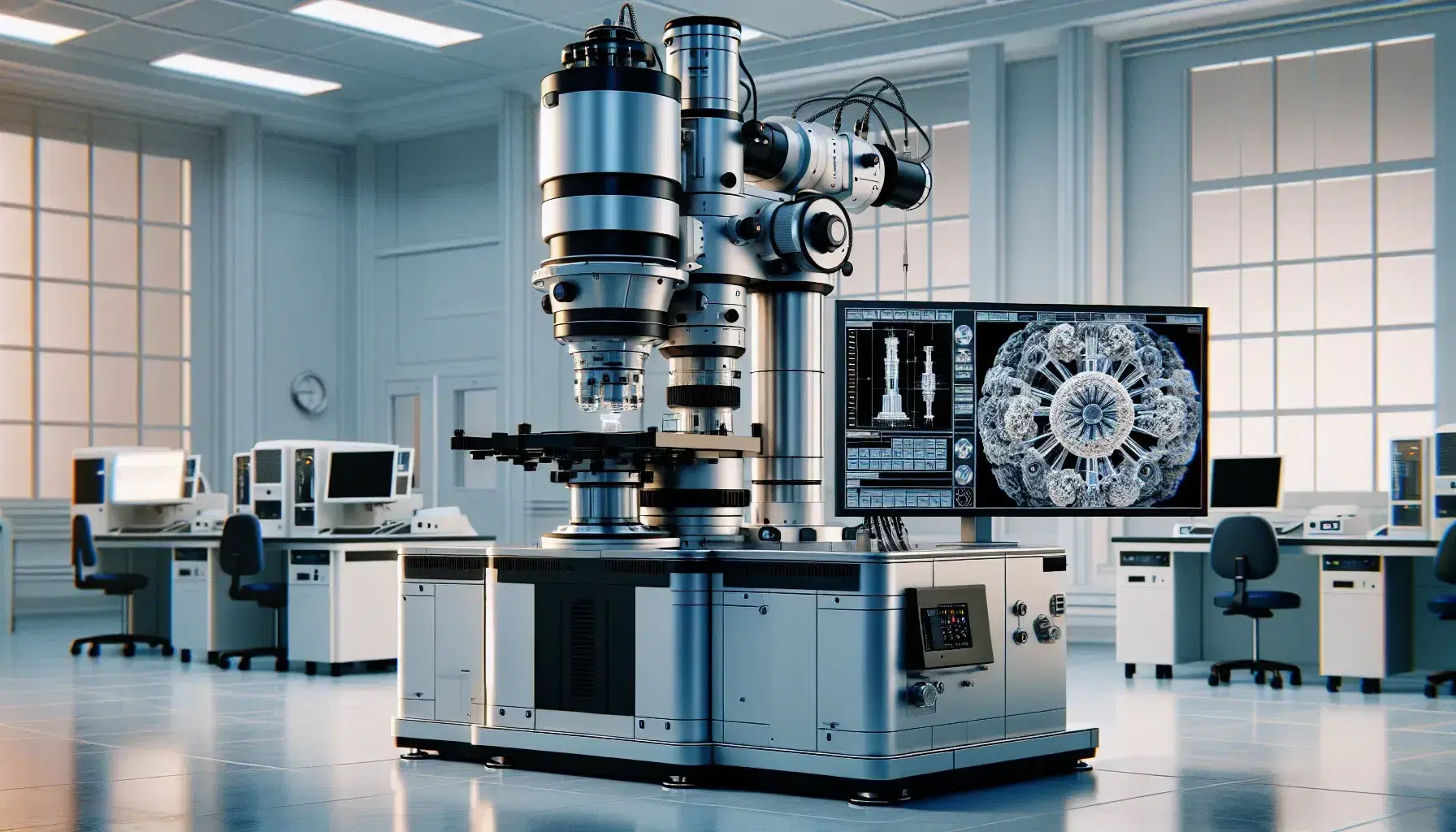 Modern electron microscope in a laboratory with a scientist adjusting controls, connected to a computer monitor displaying a magnified sample.