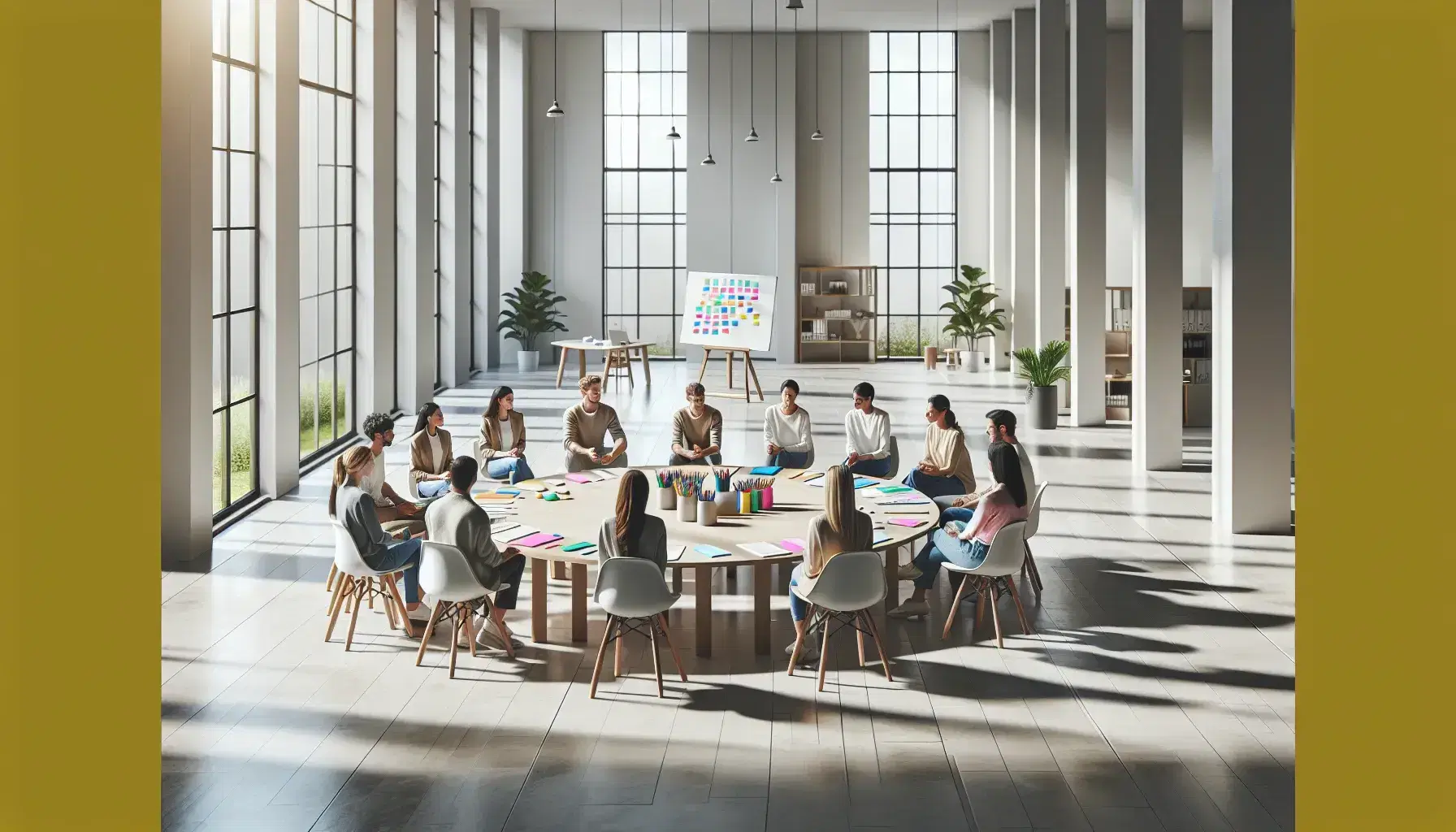 Grupo diverso de personas sentadas en círculo en una sala iluminada con mesa central, papeles y rotuladores de colores, con grandes ventanas y planta verde.