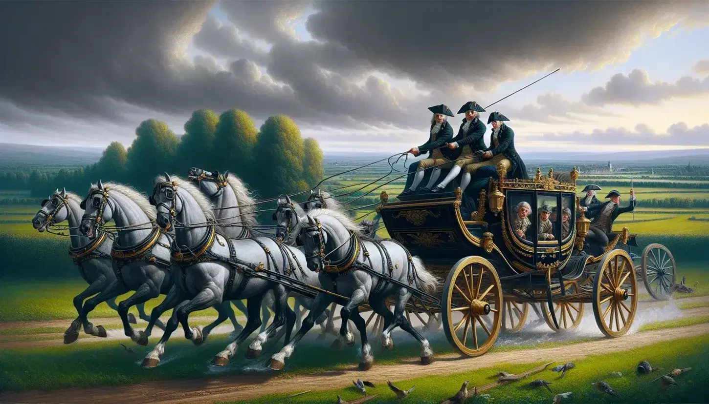 Carrozza d'epoca nera trainata da quattro cavalli grigi con uomini in abiti settecenteschi su sfondo campestre.