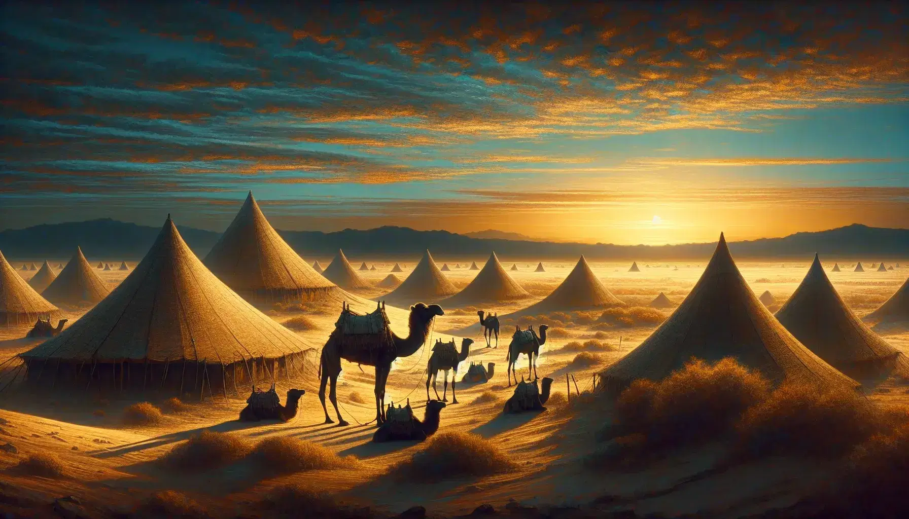 Dawn breaks over a serene desert landscape with silhouetted camels, traditional Bedouin tents, and men in cultural attire engaging in morning activities.