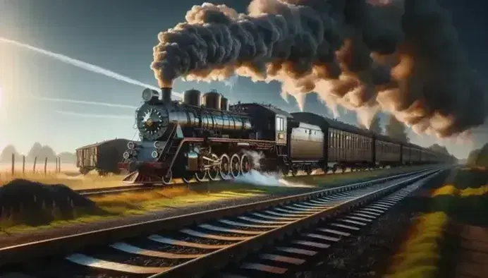 Locomotora de vapor del siglo XIX en funcionamiento sobre rieles de acero, con vagones de pasajeros marrones y emisión de vapor en un paisaje rural.
