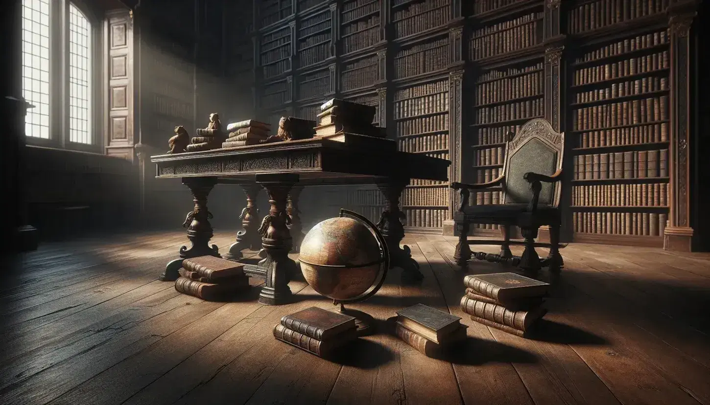 Biblioteca antigua con mesa de madera oscura y libros de tapa dura apilados, globo terráqueo desgastado y silla con respaldo alto junto a estanterías repletas de libros.