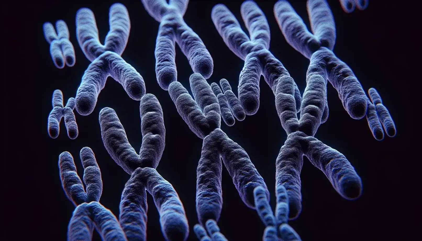 Cromosomas humanos en metafase de mitosis con centromeros visibles y brazos extendidos, teñidos en tonos azules y morados sobre fondo negro.