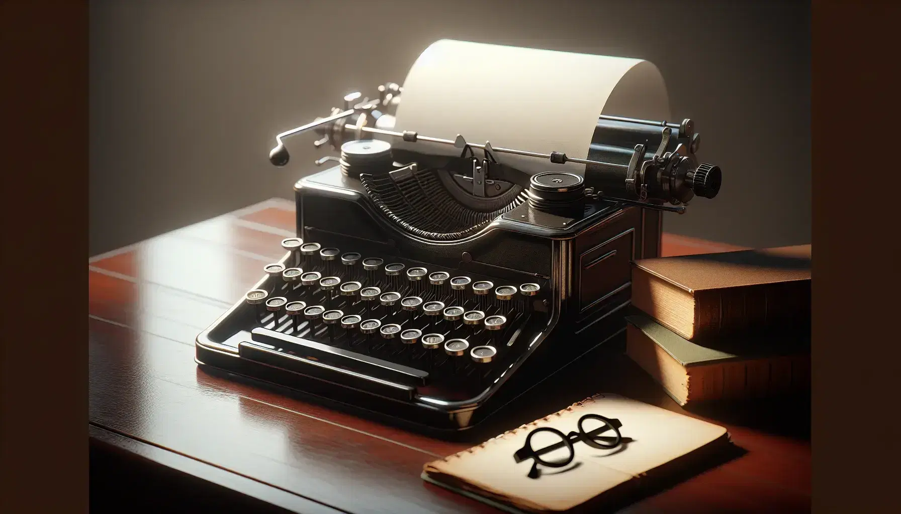 Vintage typewriter with blank paper on a wooden desk beside an open book, with round eyeglasses atop a stack of books in the background.