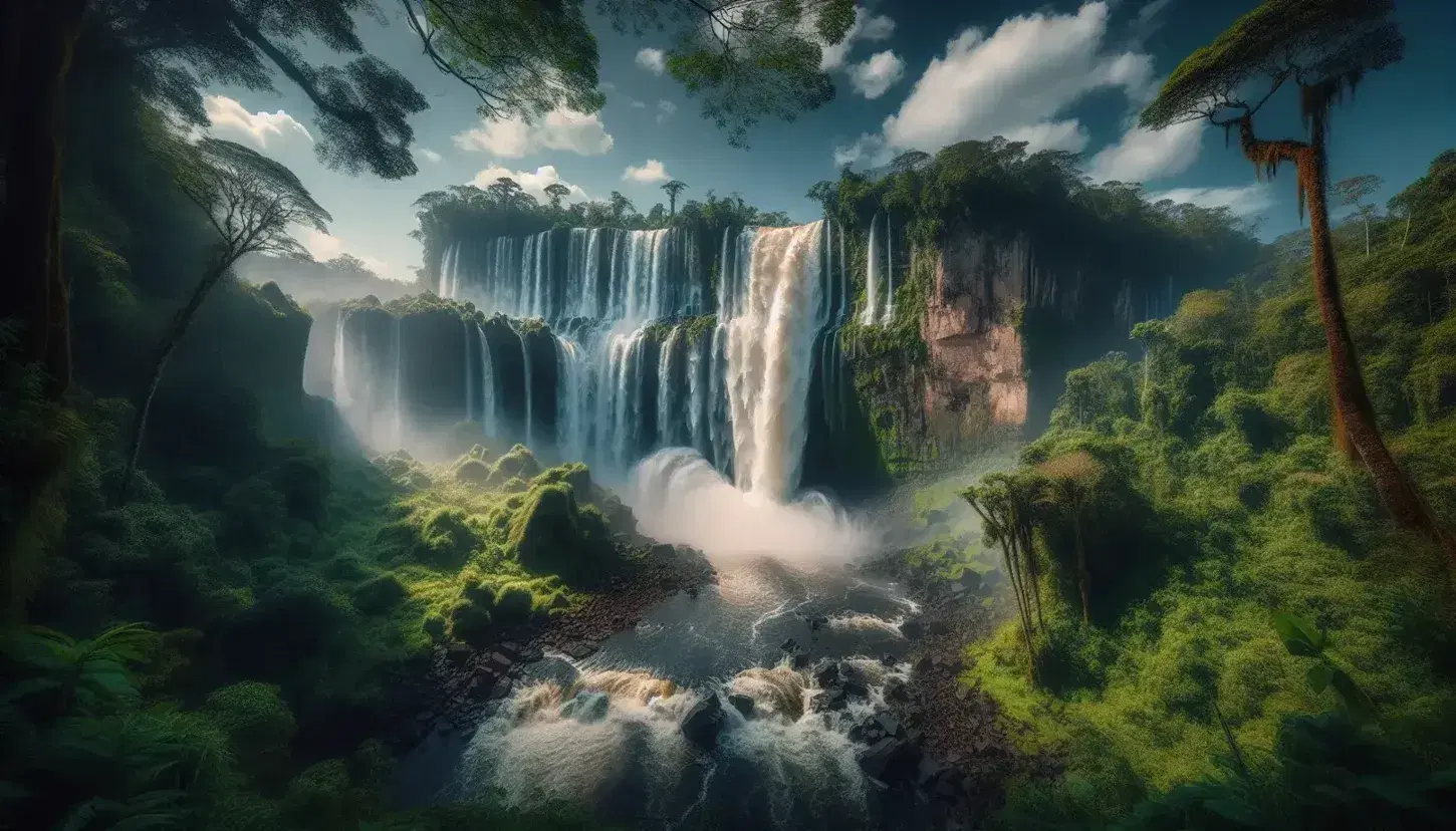 Cascada imponente rodeada de exuberante vegetación verde y cielo azul con nubes dispersas, reflejando la majestuosidad y tranquilidad de la naturaleza.