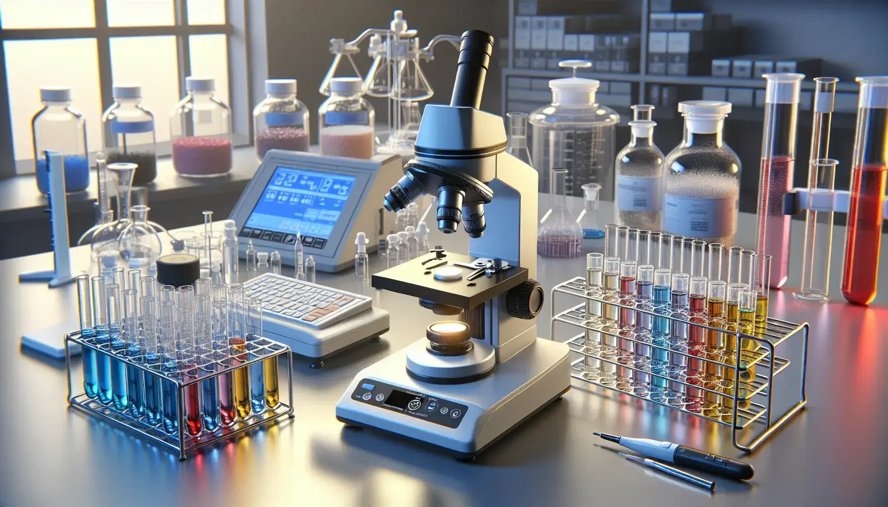 Laboratorio de investigación farmacéutica con microscopio, tubos de ensayo de colores en estante, balanza analítica y pipeta automática.