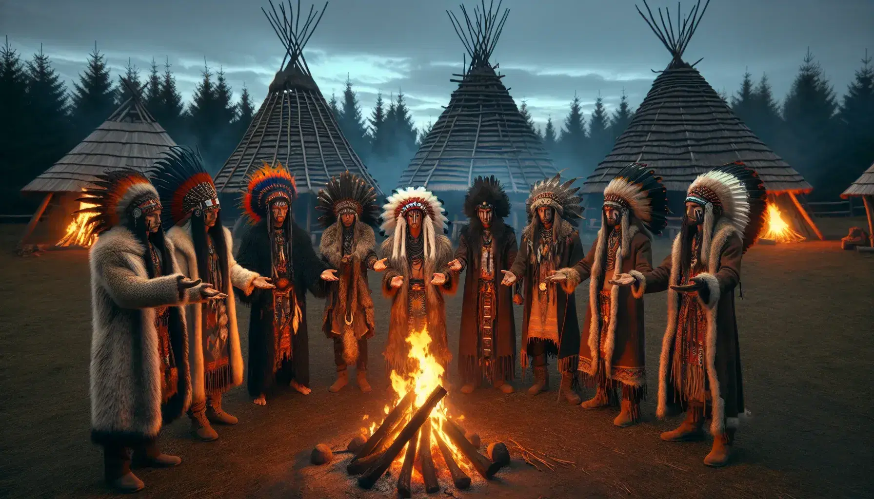 Grupo de seis personas en atuendos tradicionales con tocados de plumas y pintura facial alrededor de una fogata, con cabañas de madera y cielo crepuscular de fondo.