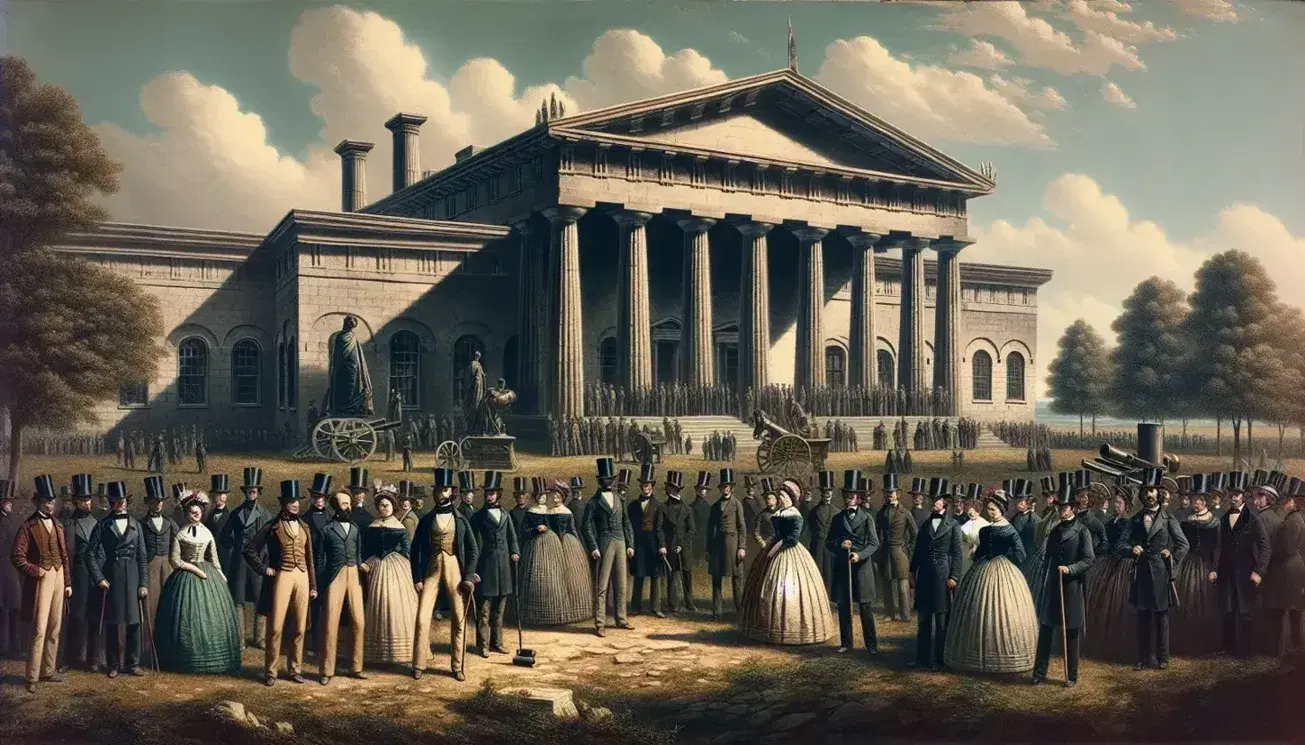 Escena histórica al aire libre con personas en vestimenta del siglo XIX, edificio de piedra con columnas y objetos militares dispersos en primer plano.