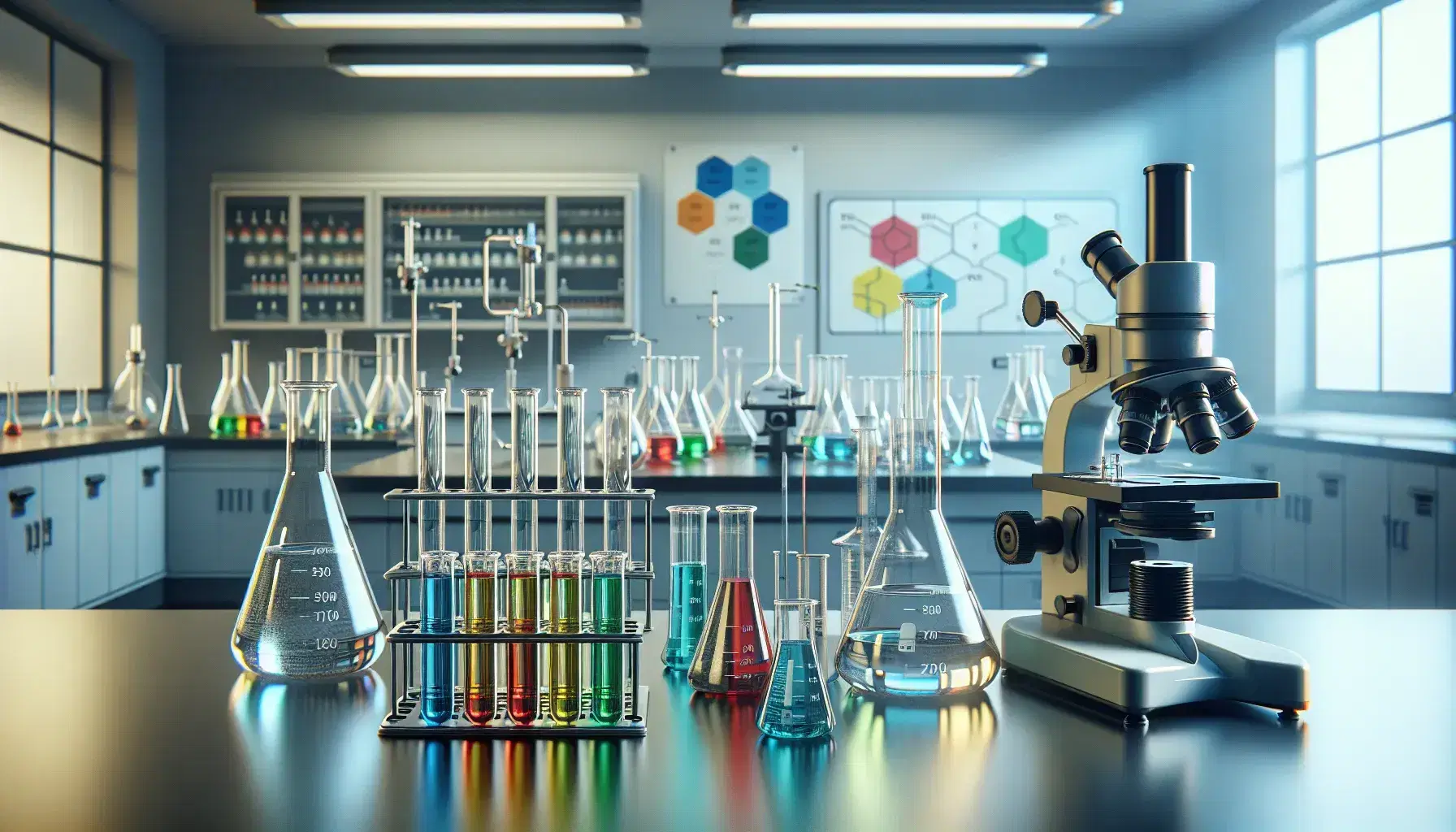 Laboratorio de química con tubos de ensayo de colores, mechero Bunsen y microscopio, en un ambiente limpio y profesional.