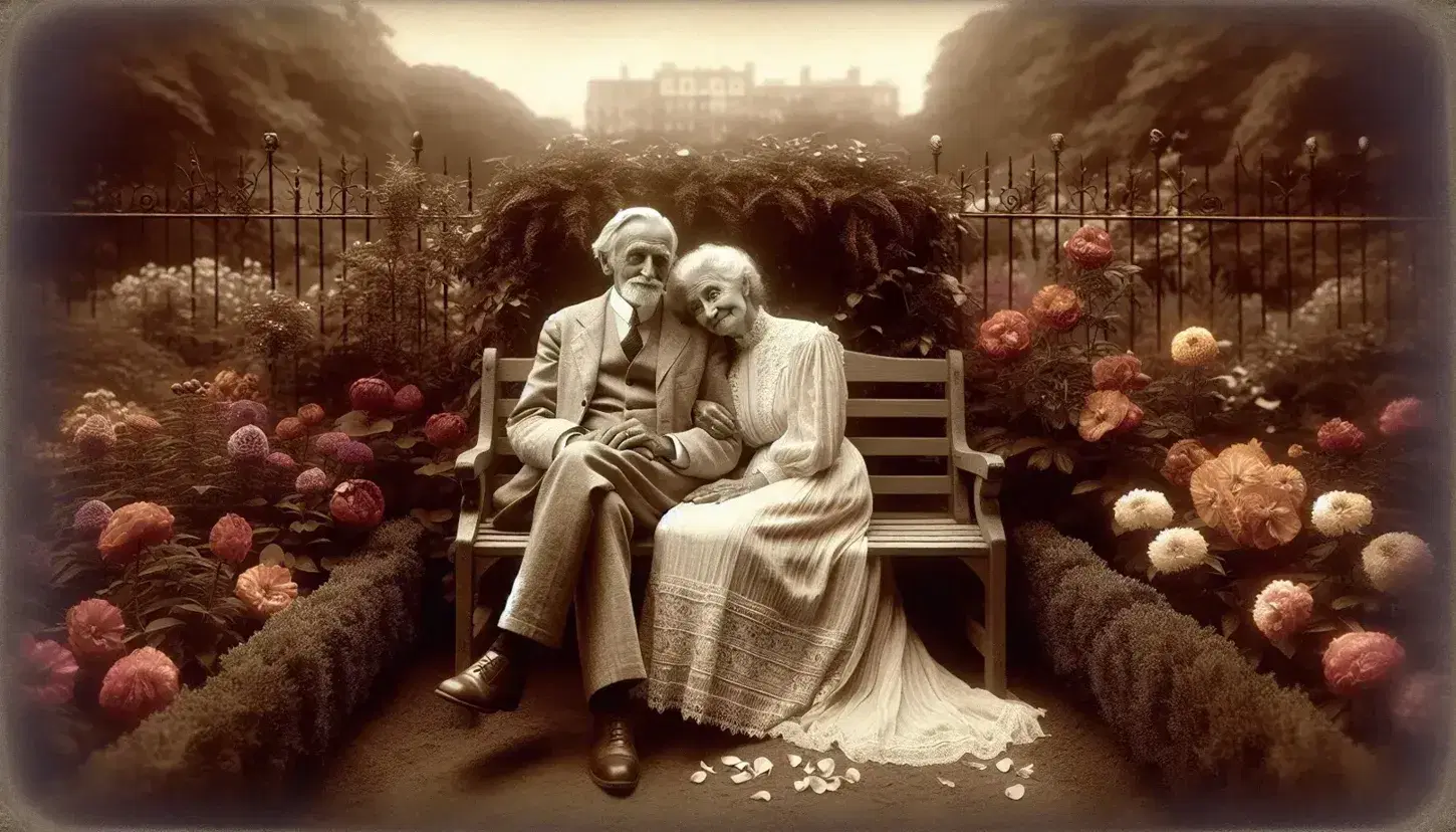 Elderly couple sitting on a bench in a garden, man in linen suit with arm around woman in white lace dress, cityscape silhouette in the background.